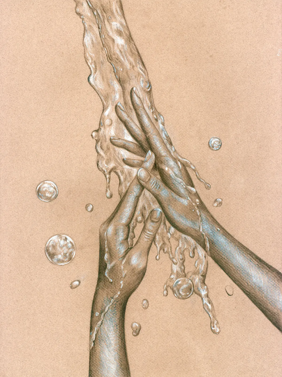 Three hands meeting, with water pouring over them, drawn on toned paper