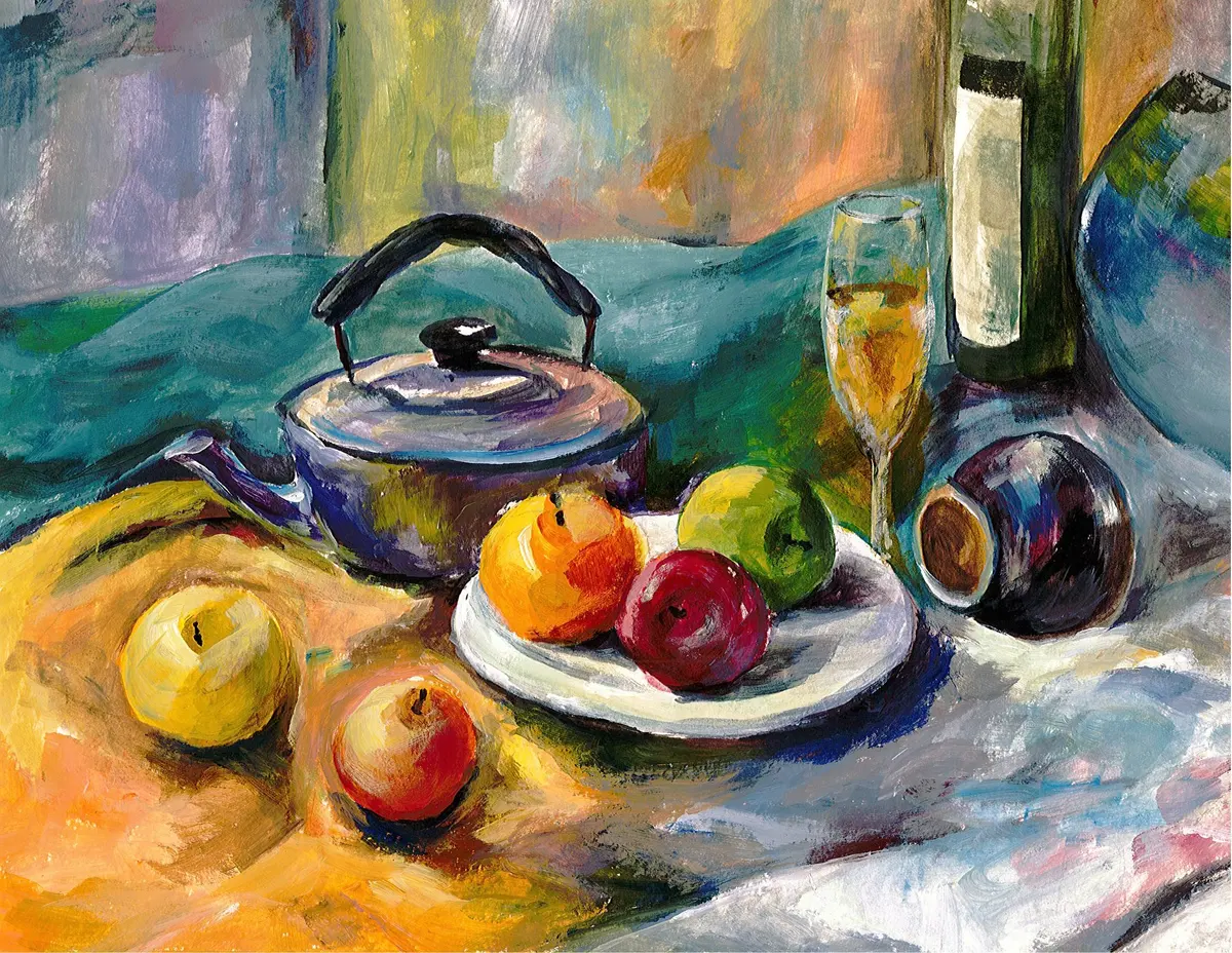 Still life in acrylic: a blue kettle, a plate of apples, a wine bottle and a champagne glass on draped cloth