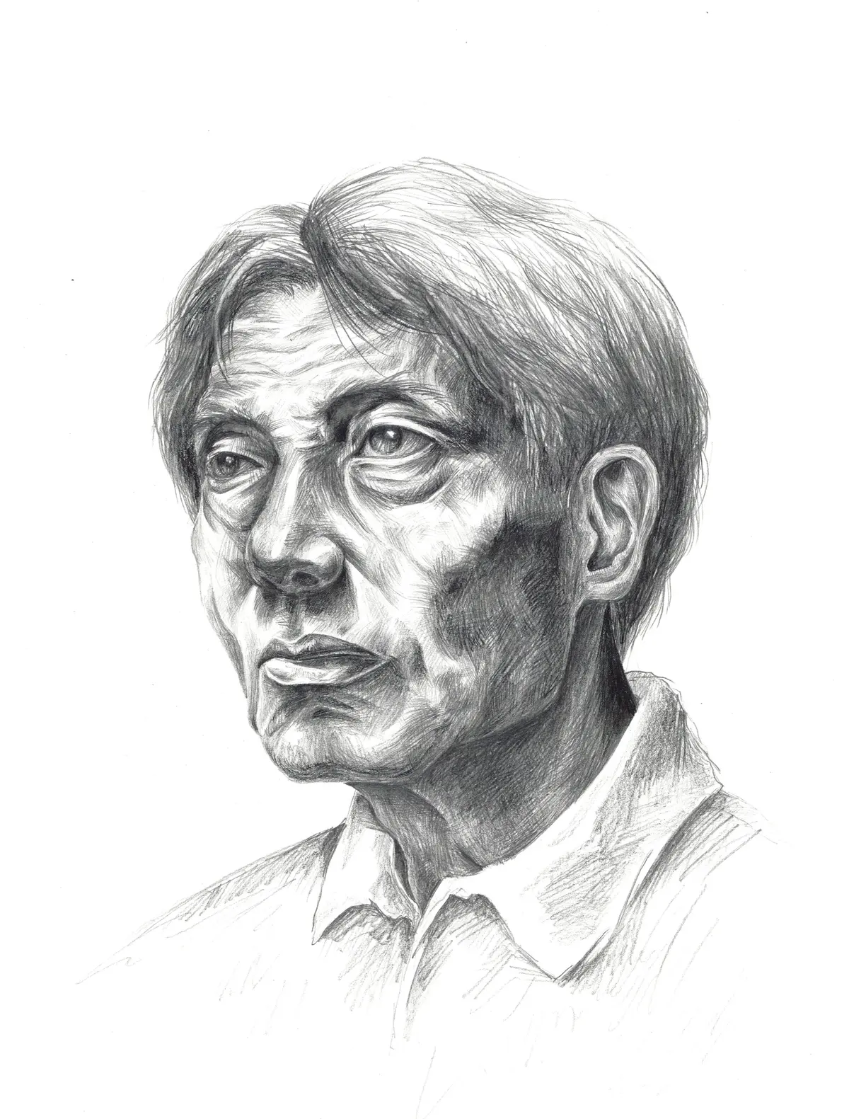 Graphite portrait of an older man in a collared shirt, looking off to one side