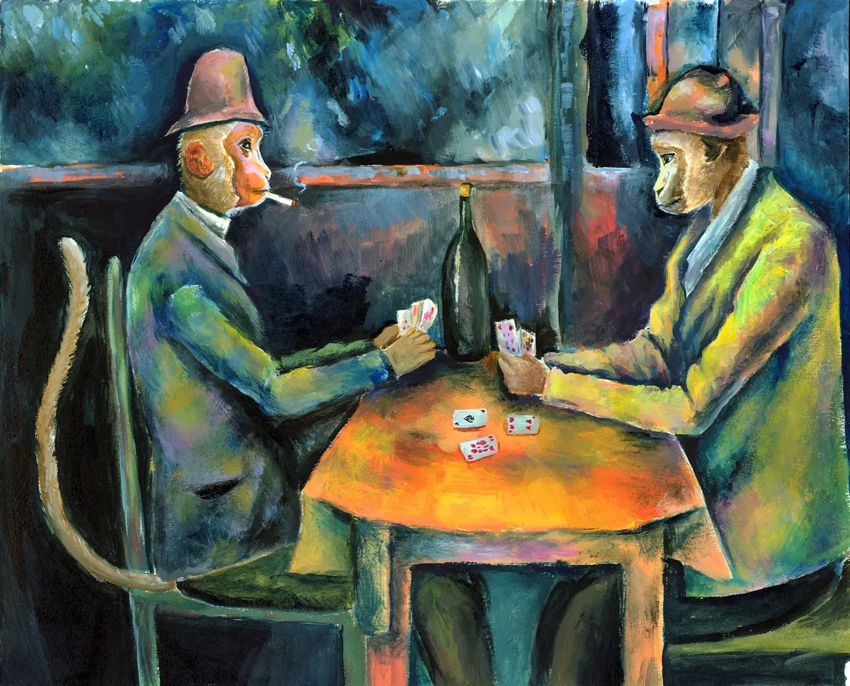 Two animal-headed figures in hats and overcoats playing cards at a table, after Cezanne