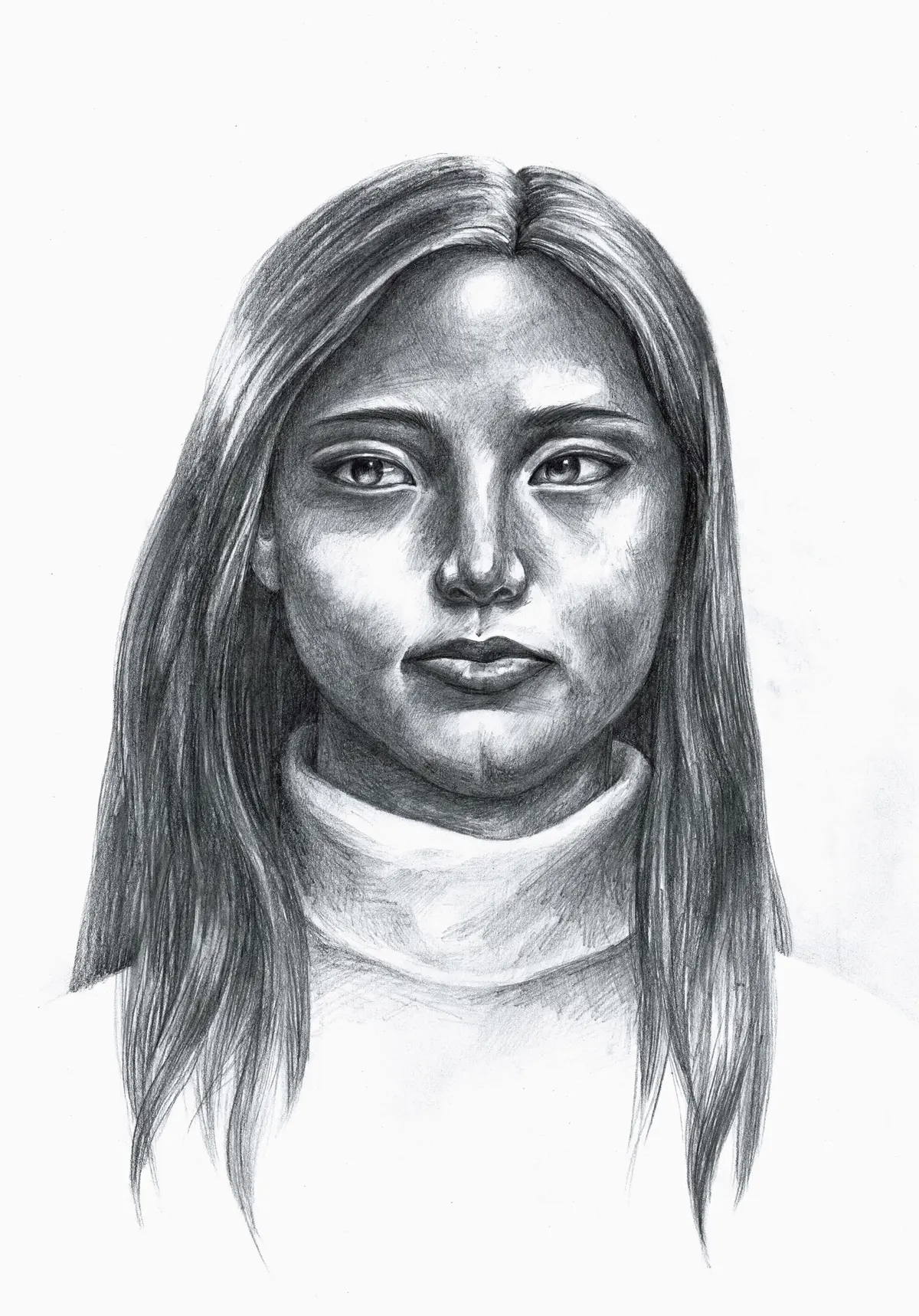 Graphite portrait of a young woman with long dark hair and a turtleneck