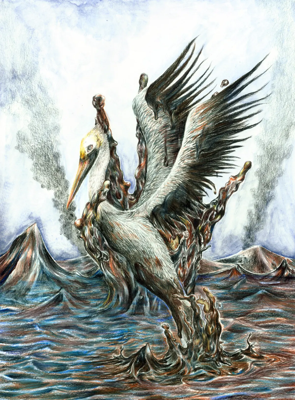 A pelican rising from choppy water with its wings spread wide