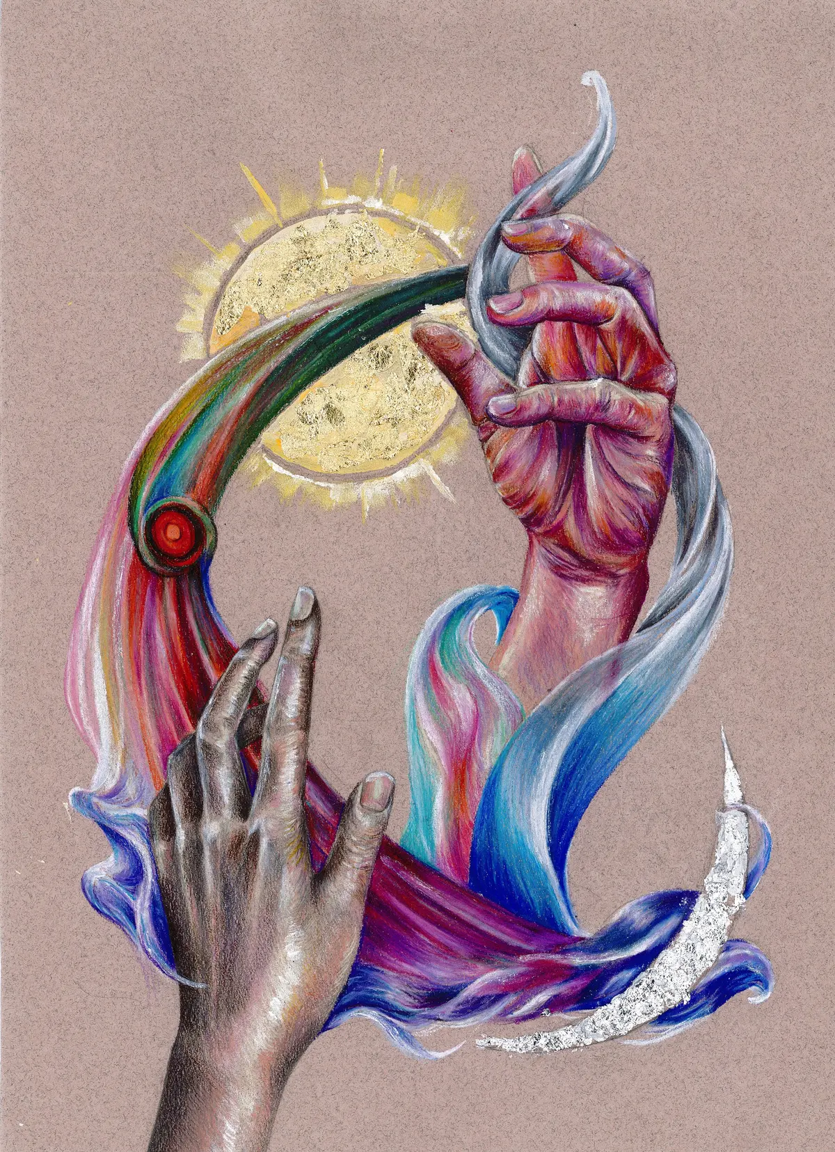 Two hands reaching upward toward a golden sun, wrapped in ribbons of colored light