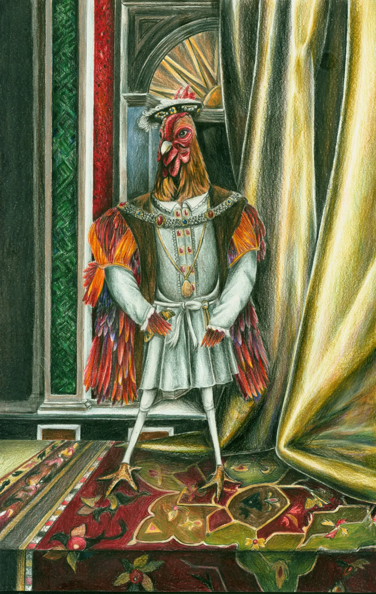 A rooster-headed figure in Renaissance courtly dress, standing on a patterned carpet in a palace interior
