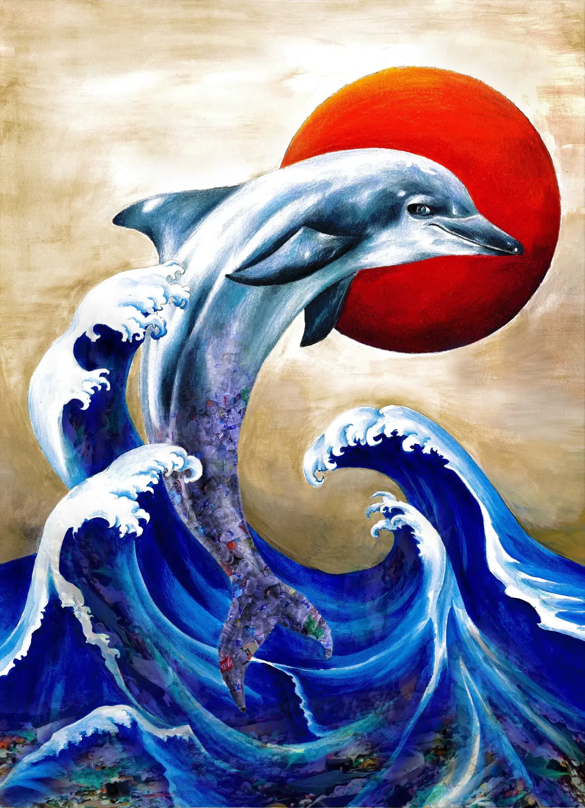 A dolphin leaping in front of a red sun above cresting stylized waves