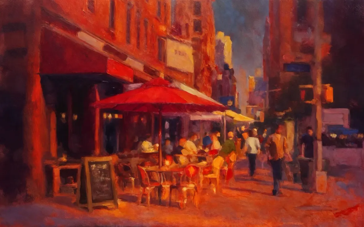 A sidewalk cafe under a red umbrella on a Greenwich Village street, painted in saturated reds and oranges, with diners seated at tables and figures walking past in low evening light
