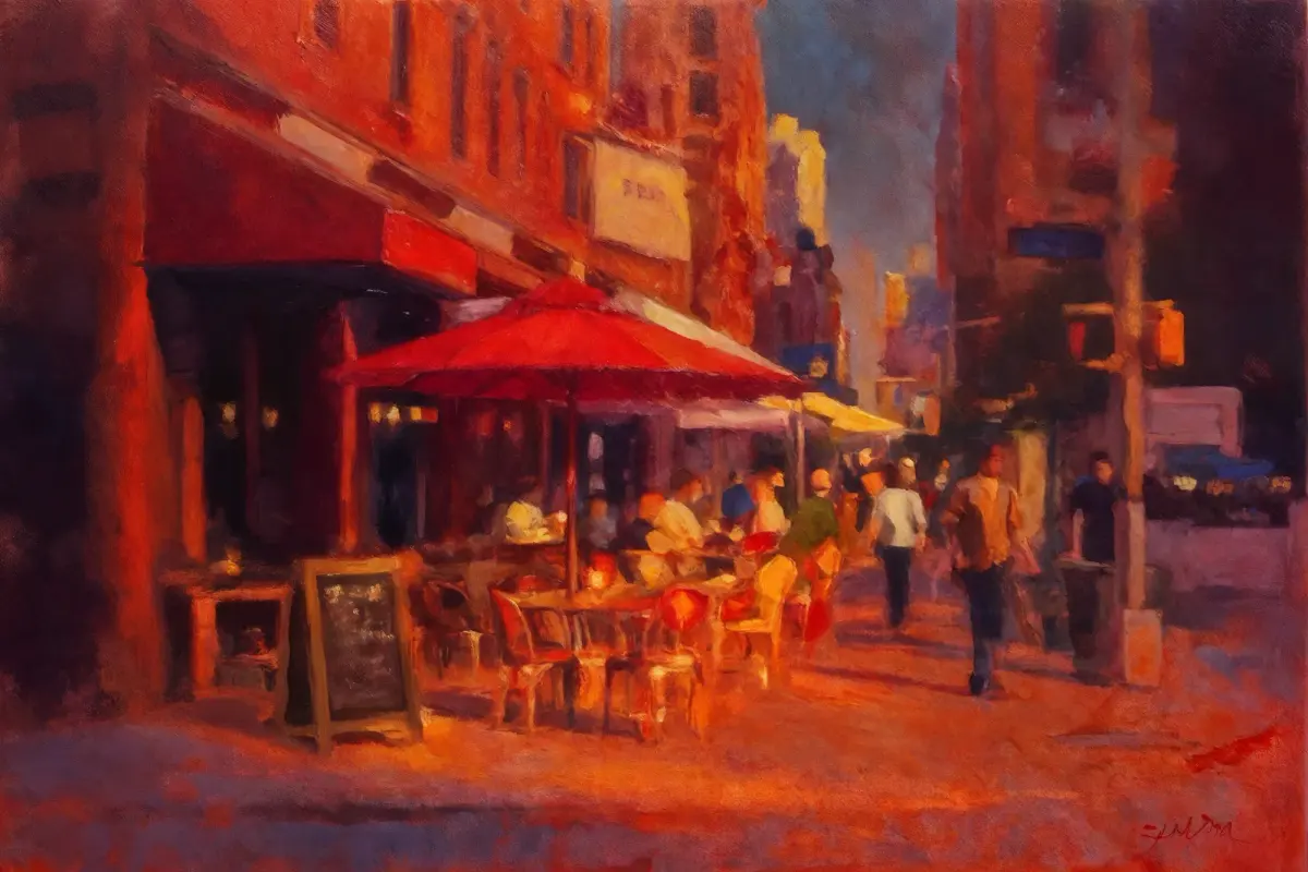 A sidewalk cafe under a red umbrella on a Greenwich Village street, painted in saturated reds and oranges, with diners seated at tables and figures walking past in low evening light