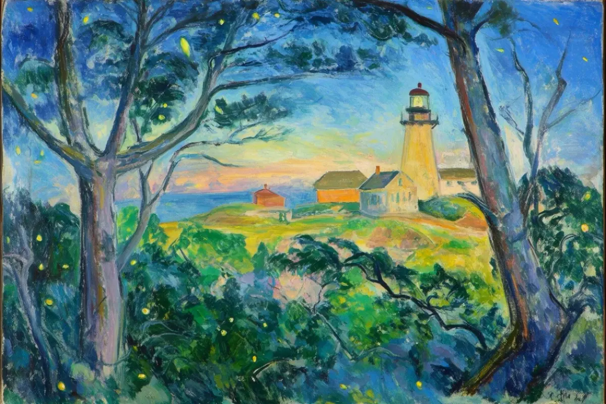 A lighthouse and clapboard houses on a grassy headland seen between dark trees, painted in blues and greens with a pale sunset over the sea