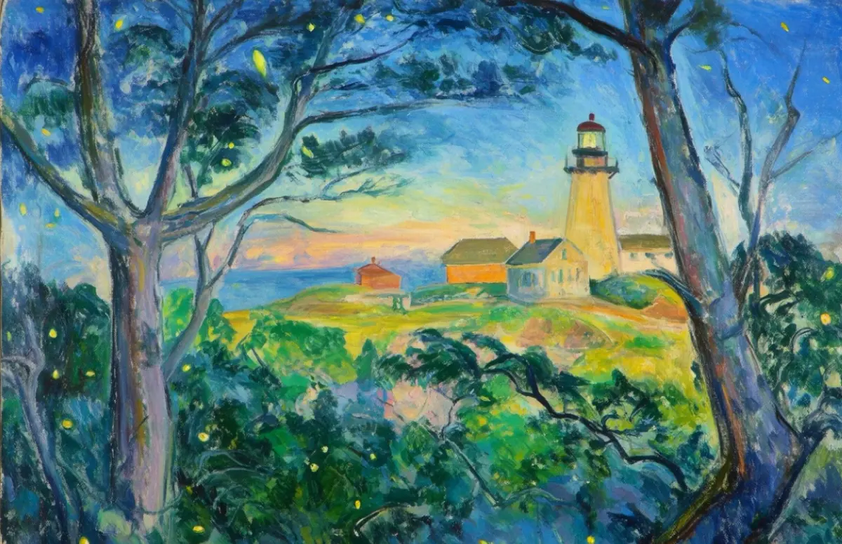 A lighthouse and clapboard houses on a grassy headland, seen between dark trees with fireflies among the leaves, painted in blues and greens under a pale sunset over the sea