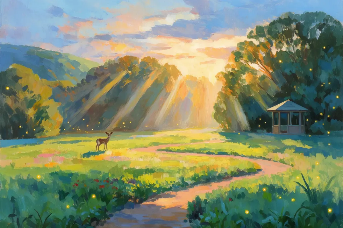 A meadow at dusk with sunbeams falling through trees, a fawn standing beside a winding path, a gazebo at the right and fireflies scattered through the grass